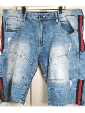 WT02 Men's Size 40 Moto Biker Denim Shorts Acid Wash Side Stripe Stretch Blue